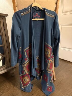 Johnny Was Navy Blue Open Front Embroidered Cardigan